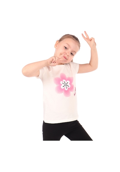 Toontoy Kids Kız Çocuk Baskılı Bisiklet Yaka Kısa Kollu Tişört Ekru