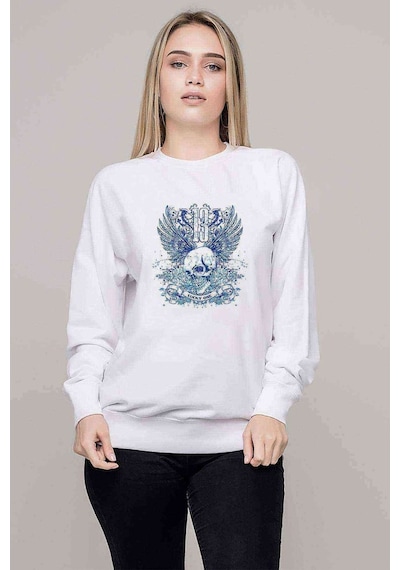 Beyaz Ve Mavi Kafatası Baskılı Beyaz Kadın Sweatshirt (528291416)