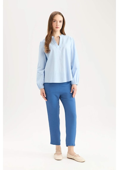 Defacto Regular Fit Bisiklet Yaka Flamlı Pamuk Uzun Kollu Bluz D8809ax25spbe745 Mavi