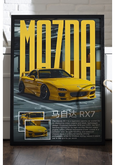 Mazda Rx7 Siyah Ahşap Çerçeveli Poster, Dekoratif Araba Duvar Tablosu