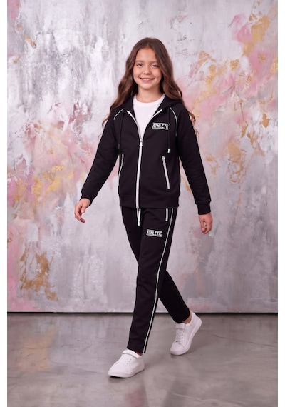 Pina Kids Kız Çocuk Atheletic Reglan Kol Kapüşonlu Düz Paça Dalgıç Kumaş Eşofman Takımı Esf7018 siyah
