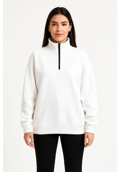 Kadın 3 İplik Pamuklu Dık Yaka Yarım Fermuarlı Sweatshirt - Beyaz