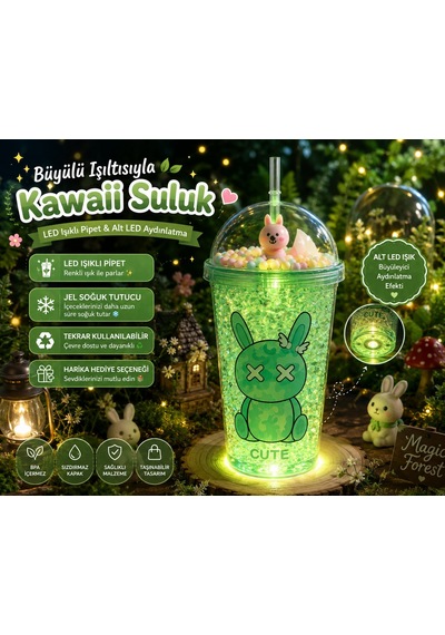 Çift Katlı İçecek Bardağı Led Işıklı Pipetli Kawaii Chibi Sevimli Tavşan Figürlü Suluk 450 Ml Yeşil