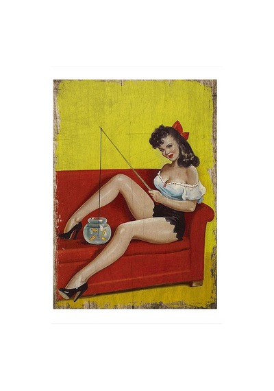 Bedeko Fanusta Balık Tutan Pin Up Kızı Mdf Poster 50 Cm X 70 Cm