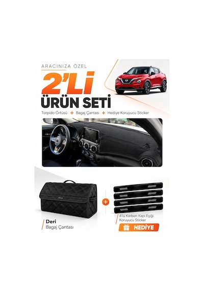 Nissan Juke 2020-2023 Uyumlu Torpido Örtüsü + Deri Bagaj Çantası + Sticker Seti - Siyah