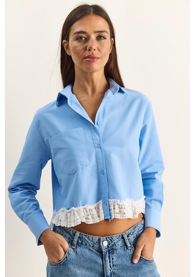 Shade Kadın Dantel Detaylı Poplin Crop Gömlek Dg261024 60286098 - Mavi