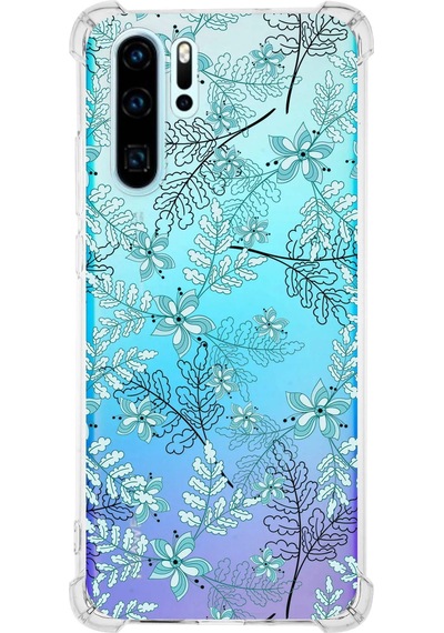 Huawei P30 Pro Köşe Korumalı Floral Su Yeşili Tasarımlı Şeffaf Silikon Kılıf