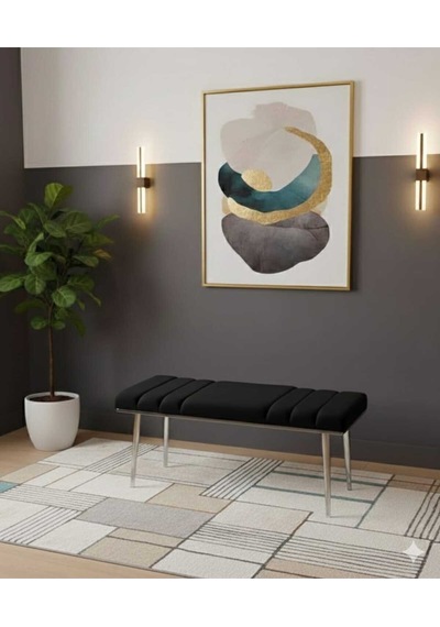 Özcan Metal Krom Metal Ayaklı Metal Kasalı Bench Mutfak Salon Antre Yatak Odası Balkon Puf Bank Siyah