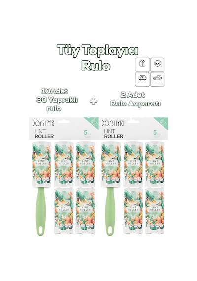 Porsima 3107 Kedi Köpek Tüy Toplayıcı Rulo + 10 Adet Rulo Yeşil