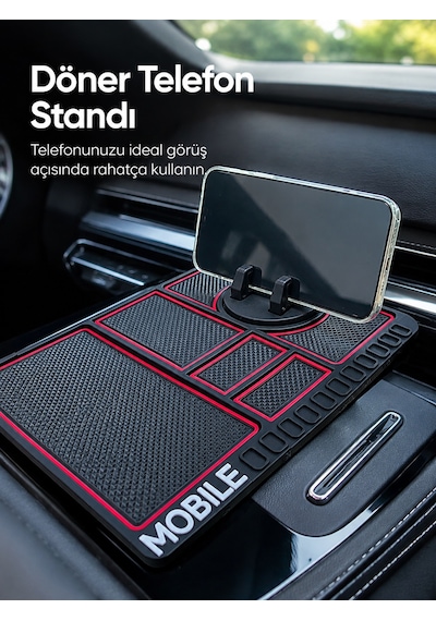 Araç Konsol Organizeri Kaydırmaz Silikon Telefon Standlı Saklama Matı 11