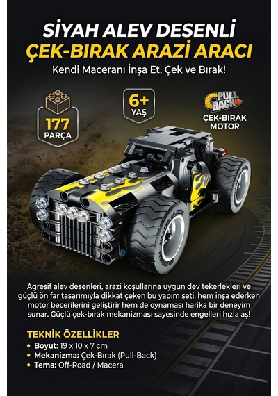 Eğitici 177 Parça Çek-bırak Motorlu Siyah Arazi Aracı Yapım Seti 6+ Yaş Çocuk Oyuncak