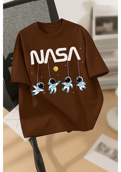 Nasa Baskılı Unisex Tshırt Kahverengi