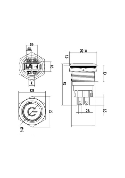19A-P1Z-Ec 19Mm Düz Anahtarlı Işıklı Power Metal Buton - Kırmızı