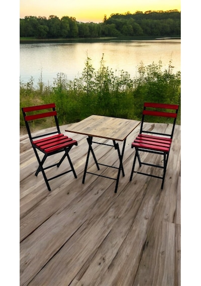 Balkon Bahçe Mutfak 3'lü Bistro Set Katlanır Masa Sandalye 60x60 Kırmızı