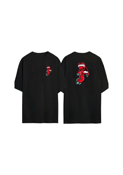 Thewert Unisex Piercing Çizim İle Dil Ön Arka Baskılı Sıyah Oversize T-shirt Siyah