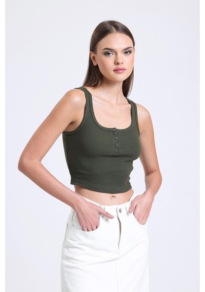 Hiccup Kare Yaka Fitilli Düğmeli Askılı Tank Top Haki Yeşil