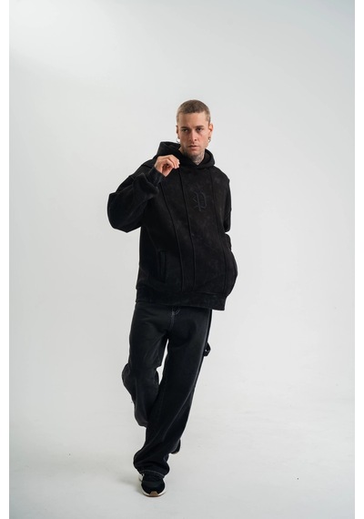 Barlashive Erkek 3 İplik Pamuklu Kapüşonlu Yıkamalı Nakışlı Hoodie Sweatshirt - Siyah Çok Renkli