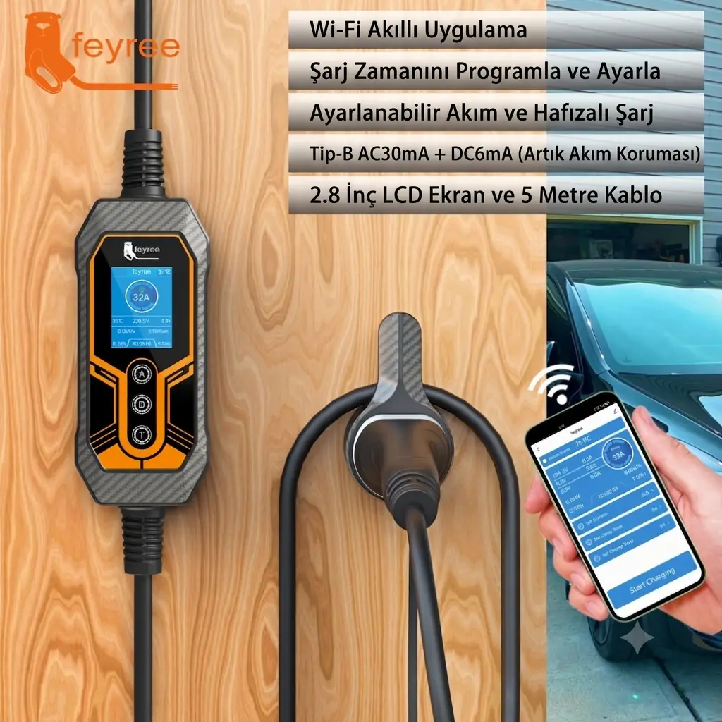 Feyree 32amper 1 Faz Tip-2 7kw Elektrikli Araç Şarj İstasyonu Wifi-app Özellikli 5metre 7,4 Kw
