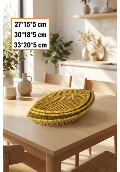 Kayık Formlu Plastik Rattan Sepet Seti, Hasır Görünümlü, Ekmek Meyve Sunum Sepetleri, 3 Parça, Çok Amaçlı Organizer, 27x15x5 Cm, 30x18x5 Cm, 33x20x5 Cm