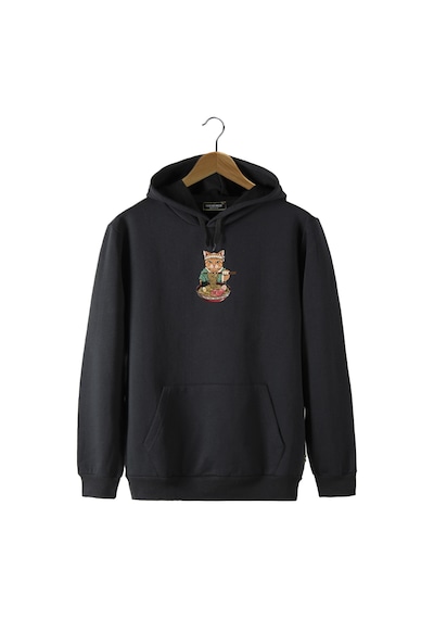 Unisex Siyah Kapüşonlu Önü Şef Kedi Baskılı Slim Fit Kanguru Cepli Sweatshirt Siyah
