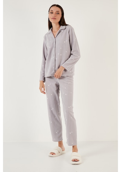 Lela Regular Fit Gömlek Yaka Önden Düğmeli Polar Bayan Pijama Takımı 6571009W4 Gri