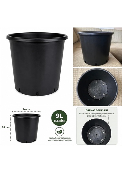 9l Üretim Saksısı Ø24 Siyah Plastik Saksı Fidan, Çiçek, Yetiştirme Kabı