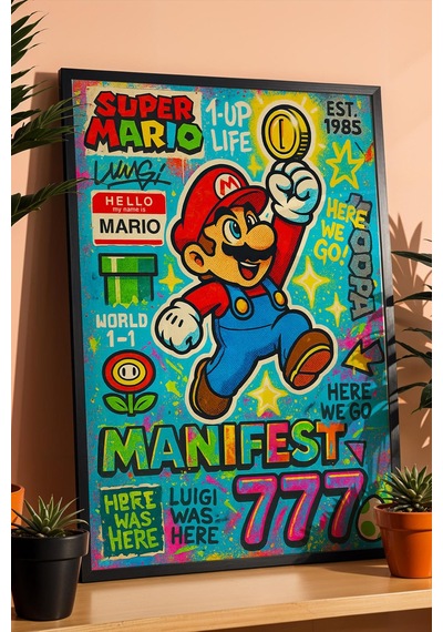 Super Mario Çerçeveli Tablo Manifest 777 Gamer Arkadaşa Hediye Street Art