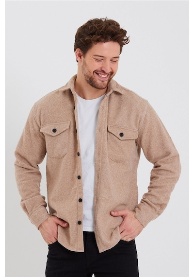 Erkek Vizon Çift Cep Kapaklı Slim Fit Oduncu Gömlek-odg001r9503s Vizon