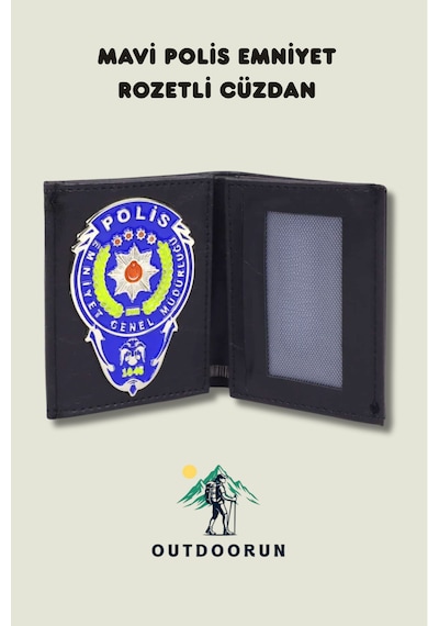 Outdoorun Mavi Polis Emniyet Rozetli Cüzdan Siyah