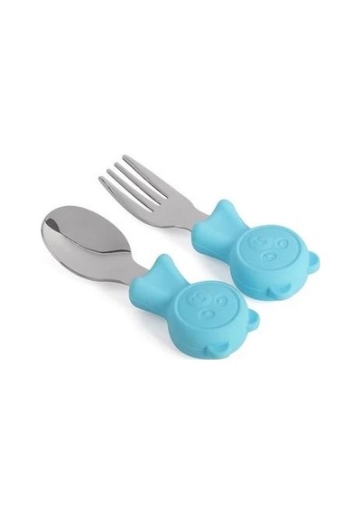 Valkyrie 304 Çelik Panda Bebek Kaşık Çatal Setisilikon Saplı Bpa İçermez Ergonomik Kaymaz Mavi