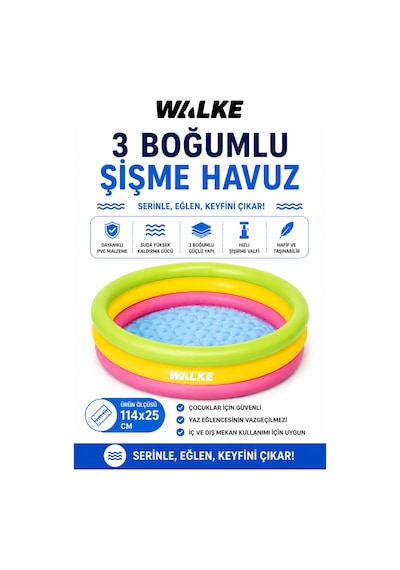 Walke 114 X 25 Cm 3 Boğumlu Şişme Çocuk Havuzu Dayanıklı Bahçe Ve Balkon Havuzu 14103 Çok Renkli