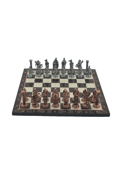 Gifthome Büyük Boy Metal İngiliz Satranç Takımı Antik Ve Katlanır Ceviz Desenli Mdf Satranç Tahtası 43x43 Cm.