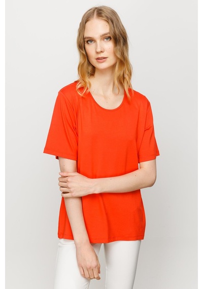 Kadın Sıfır Yaka Basic Penye T-shirt Oranj Oranj