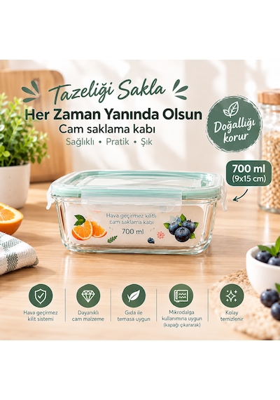Çemi 3'lü Kilitli Dikdörtgen Cam Saklama Kabı Seti Hava Geçirmez Saklama Kabı