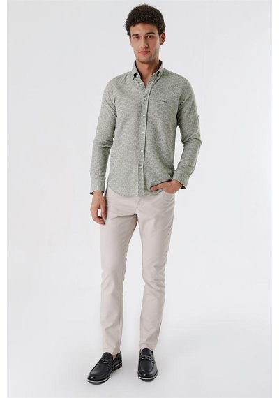İmza Koyu Haki Kısalabilir Kollu Desenli Jakarlıcepsiz %100 Pamuk Casual Slim Fit Gömlek 1004230181-koyu Haki Koyu Haki