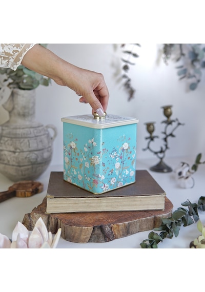 Botanica Blue Desenli Kare Metal Saklama Kabı 12 x 12 x 13.7 CM 1.8 L