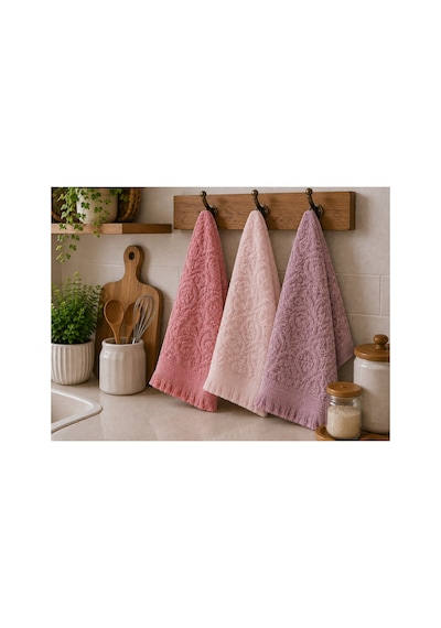3'lü Jakarlı Püsküllü Mutfak Havlusu Seti 30x50 Cm %100 Pamuk - Softrosette Çok Renkli