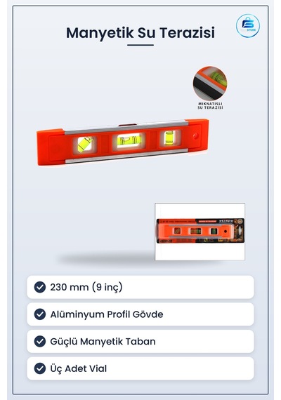 Manyetik Su Terazisi 9 İnç 230 Mm Mini Alüminyum Gövdeli Hassas Ö