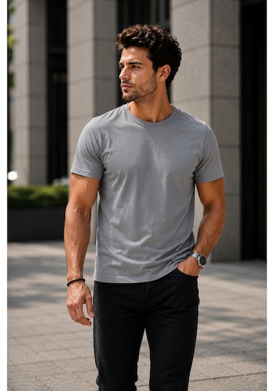 Luxıc Core Erkek Slim Fit Açık Gri Bisiklet Yaka Pamuk Penye Günlük Rahat Basic Tişört