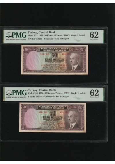 Pmg 62 Unc Çil İnönü Batan Gemi 50 Kuruş P 133 1930 S/n B3 450543/44 2. Ems