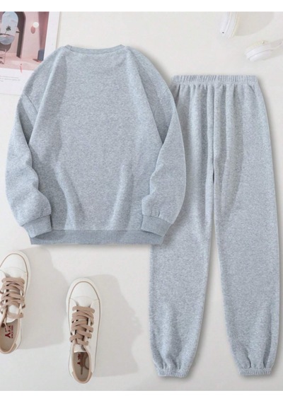 Düz Kalın Kışlık Eşofman Takımı - Gri Sweatshirt Jogger Oversize Sıfır Yaka Gri