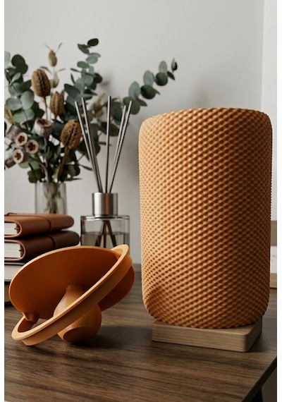 Modern Geometrik Dokulu Masaüstü Çöp Kovası - 18 Cm - Reddish Brown - Turuncu Turuncu