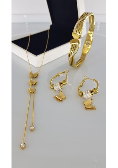 Kelebek Gold Çelik Takı Seti Gümüş - Rose Gold