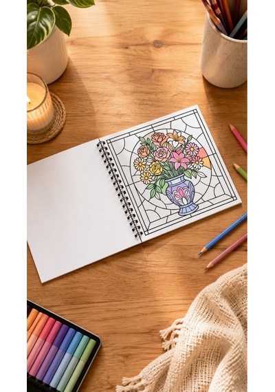 Stained Glass Vitray Flower Garden 20x20 Cm Büyük Boyama Kitabı, Çocuklar Ve Yetişkinler İçin