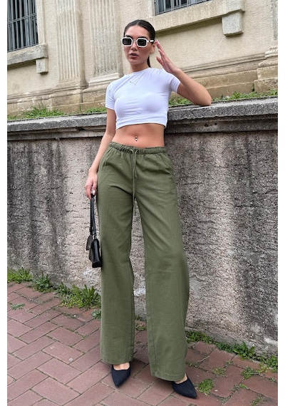 Madmext Haki Beli Büzgülü Wide Leg Kumaş Pantolon Mg1950 Haki