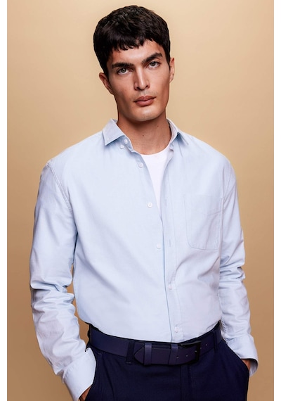 Defacto Regular Fit PoloYaka Oxford Cepli Uzun Kollu Basic Düz Gömlek A8028AX23AUBE723 Mavi