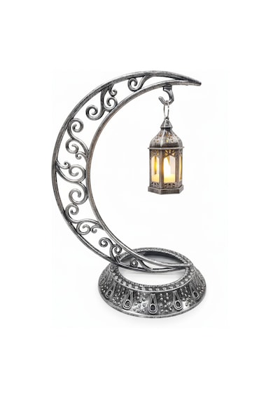 Dekoratif 28 Cm Hilal Eskitme Gümüş Ramazan Led Lamba 10 Cm Kancalı Set Diğer
