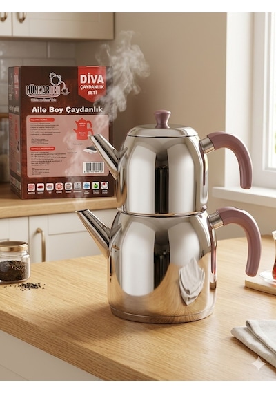 Hünkar Diva Aile Boyu Bagalit Kulp Çelik Çaydanlık - Rose Inox