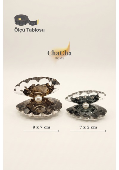 Chacha Home Oceana Pearl 2'li Kristal İncili İstiridye Obje Seti 9x7 Cm & 7x5 Cm - Lüks Cam Dekoratif Masa Üstü Biblo Füme