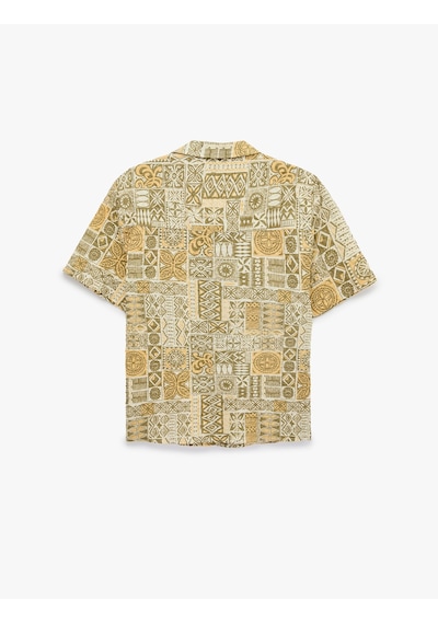 Koton Regular Fit Pamuklu Düğmeli Devrik Yaka Kısa Kollu Etnik Desenli Gömlek Haki Desenli 6sam60076nw